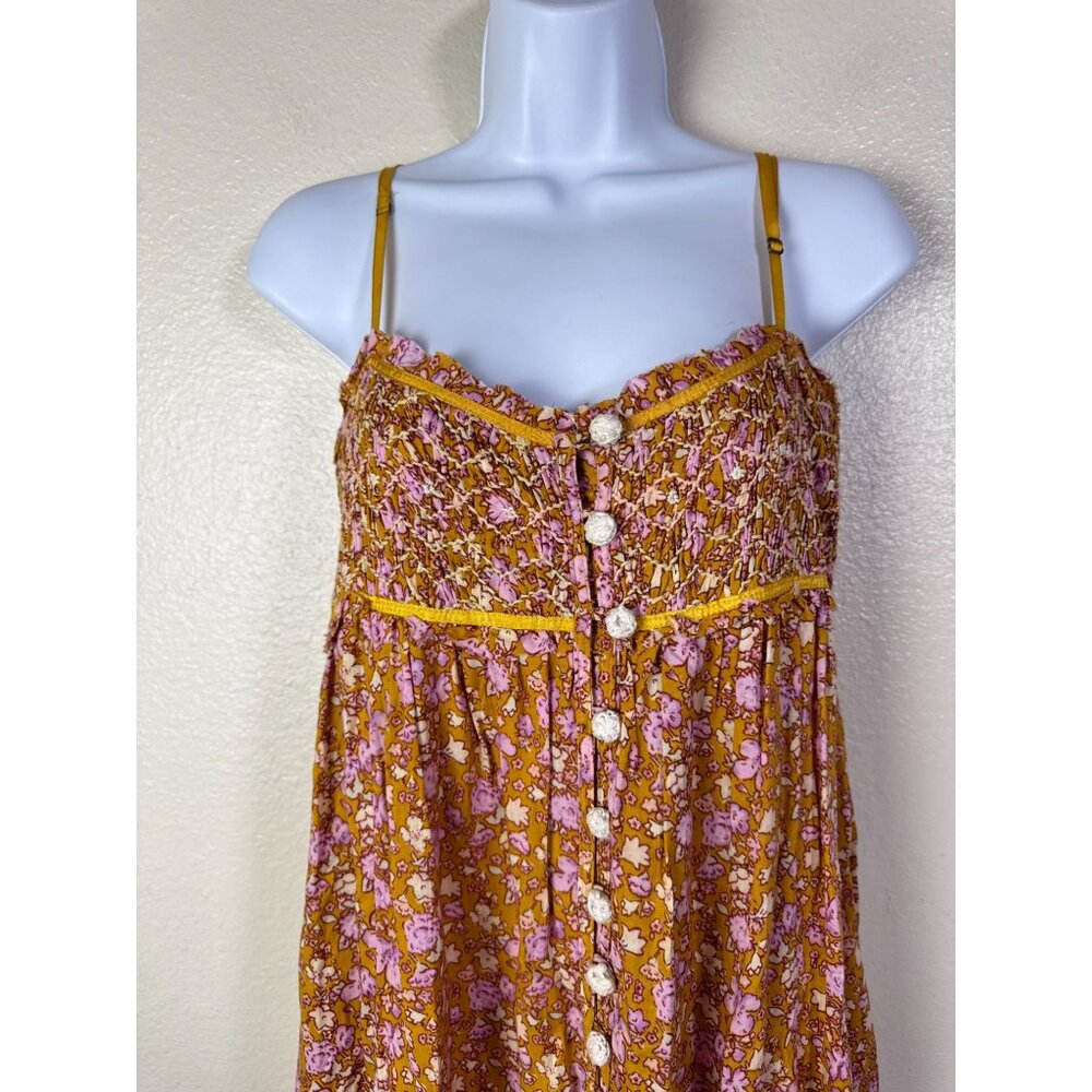 Free People Molly Jo Midi Maxi Dress Women Small Tiered Mustard Floral Smocked - Picture 13 of 16